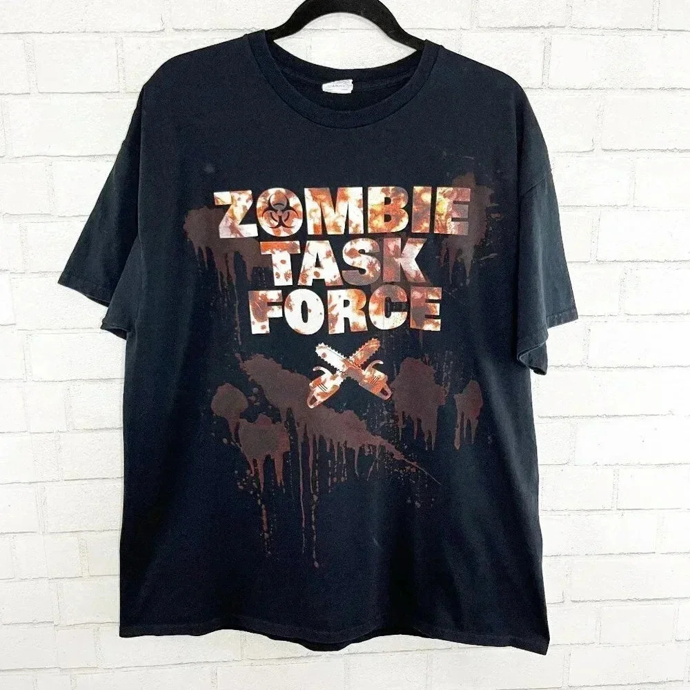 Halloween Black 'Zombie Task Force' Black Graphic Tee Shirt Men's Size XL